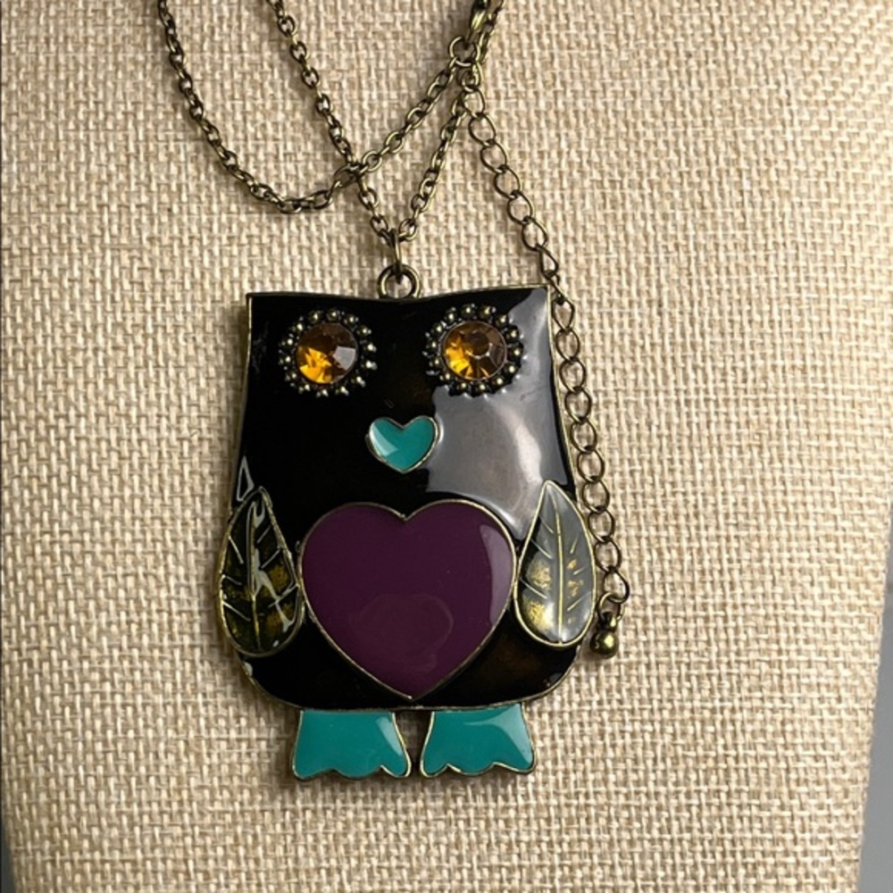Whimsical Owl Pendant Necklace with Purple and Teal
